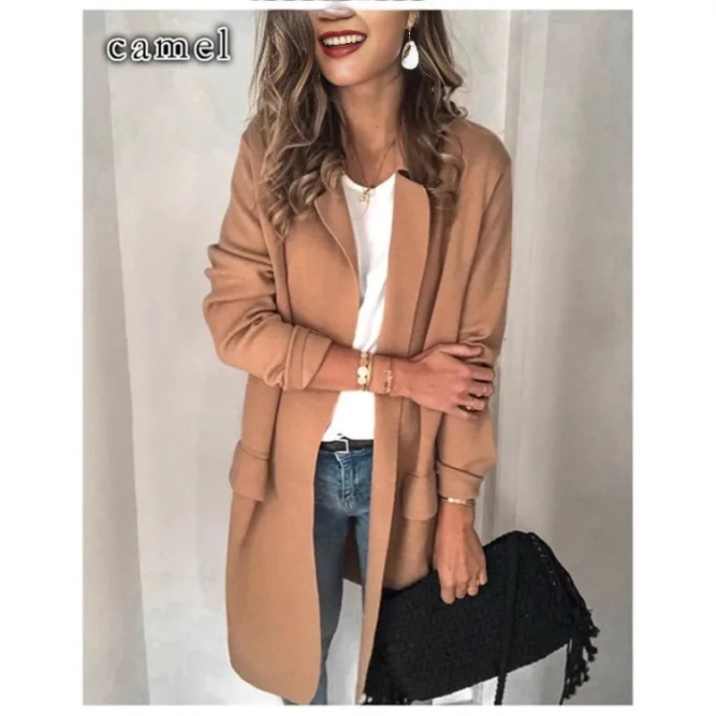 Autumn Winter Solid Long Sleeve Fake Pocket Blazer Women's Casual Outerwear