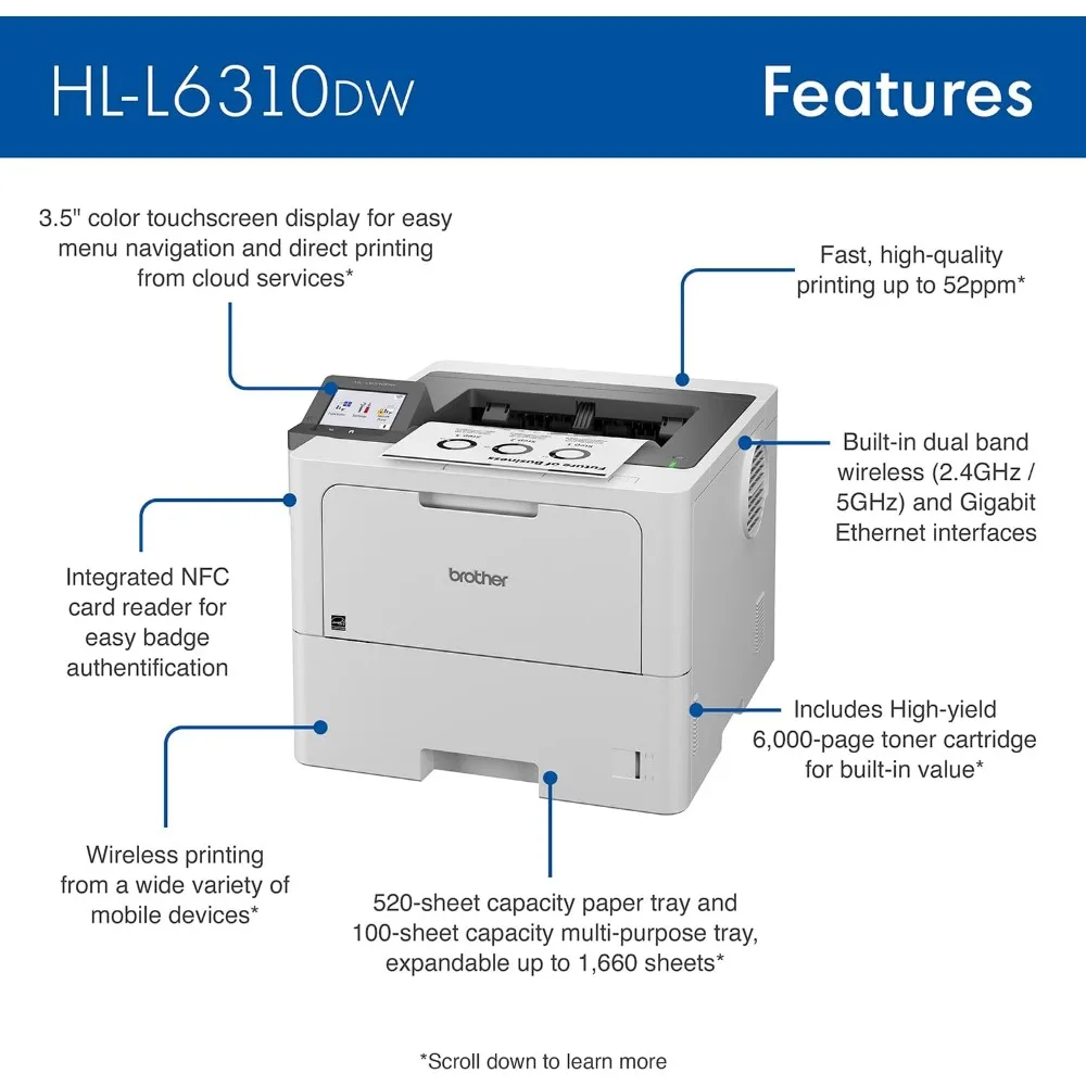 Imprimante laser monochrome d'entreprise HL-L6310DW avec impression à faible coût, réseau sans fil et grande capacité de papier