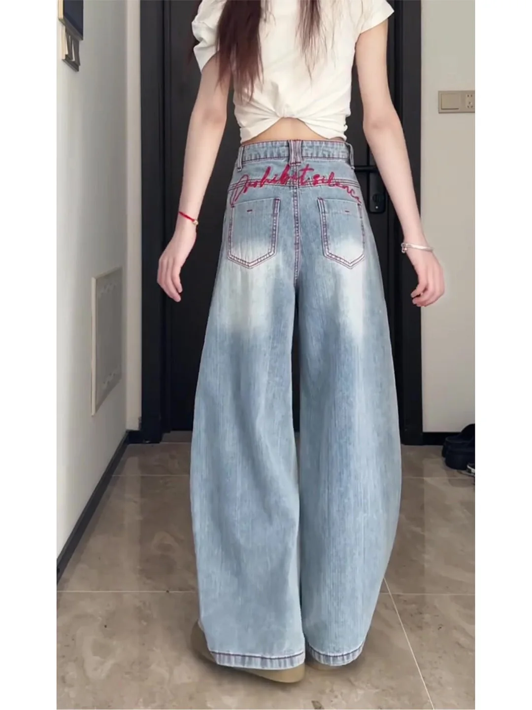 

American Style High Waist Wide Leg Jeans Women's Summer 2026 Small Size Skinny Washed Denim Pants with Pockets Embroidery
