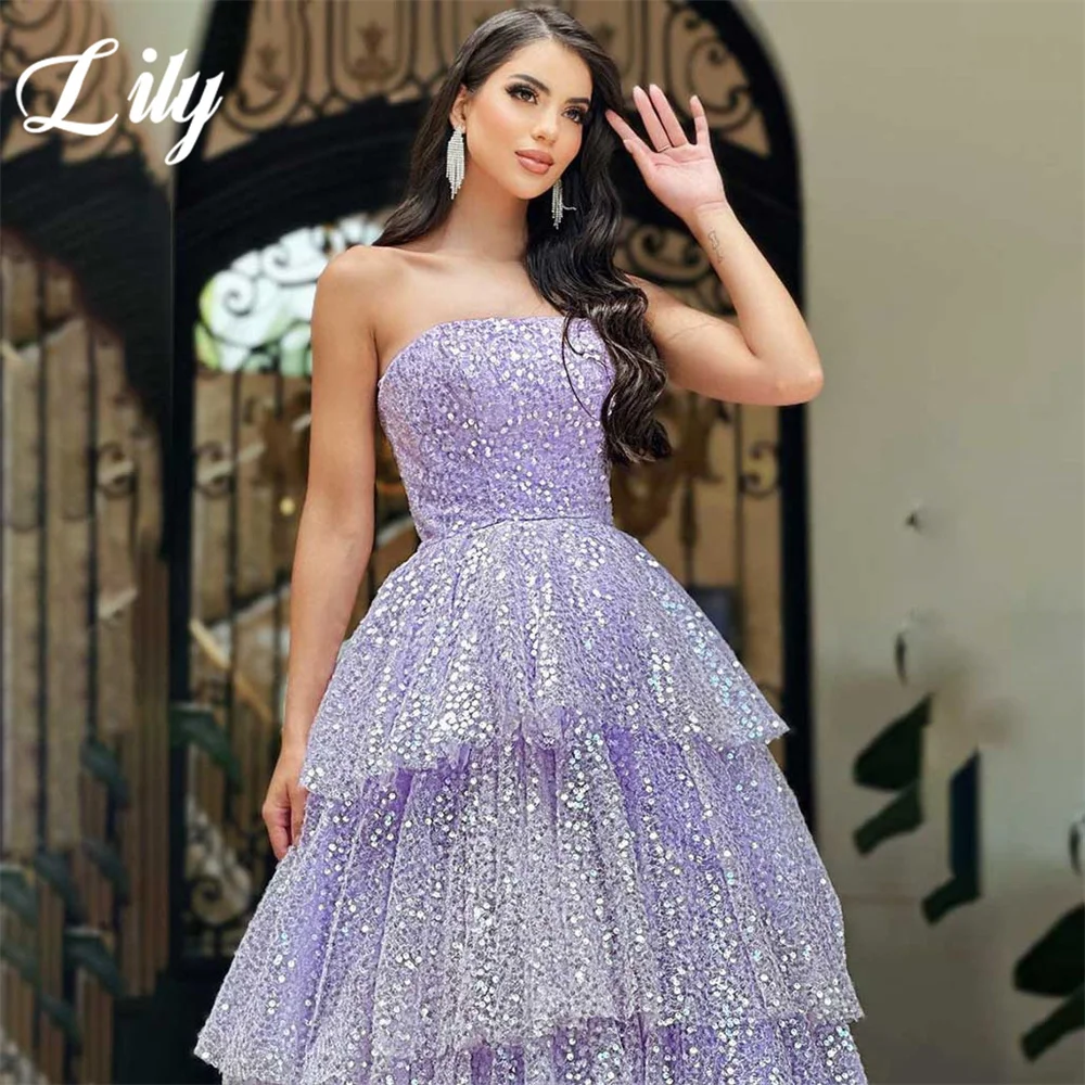 Lily Purple-vestido Formal de línea A, capa escalonada, vestido de fiesta con lentejuelas, pliegues sin tirantes, sin mangas, para ocasiones especiales