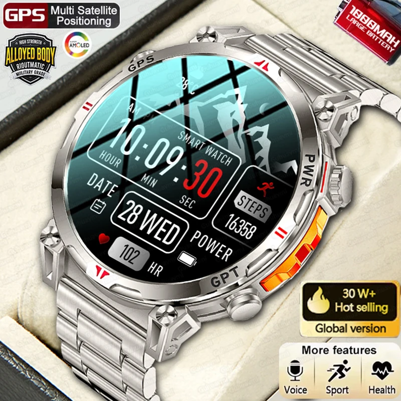 

2026 Display Built-in GPS Smart Watch Men 1000Mah Battery Compass 10ATM IP69K Waterproof Tactics Sport Bluetooth call Smartwatch