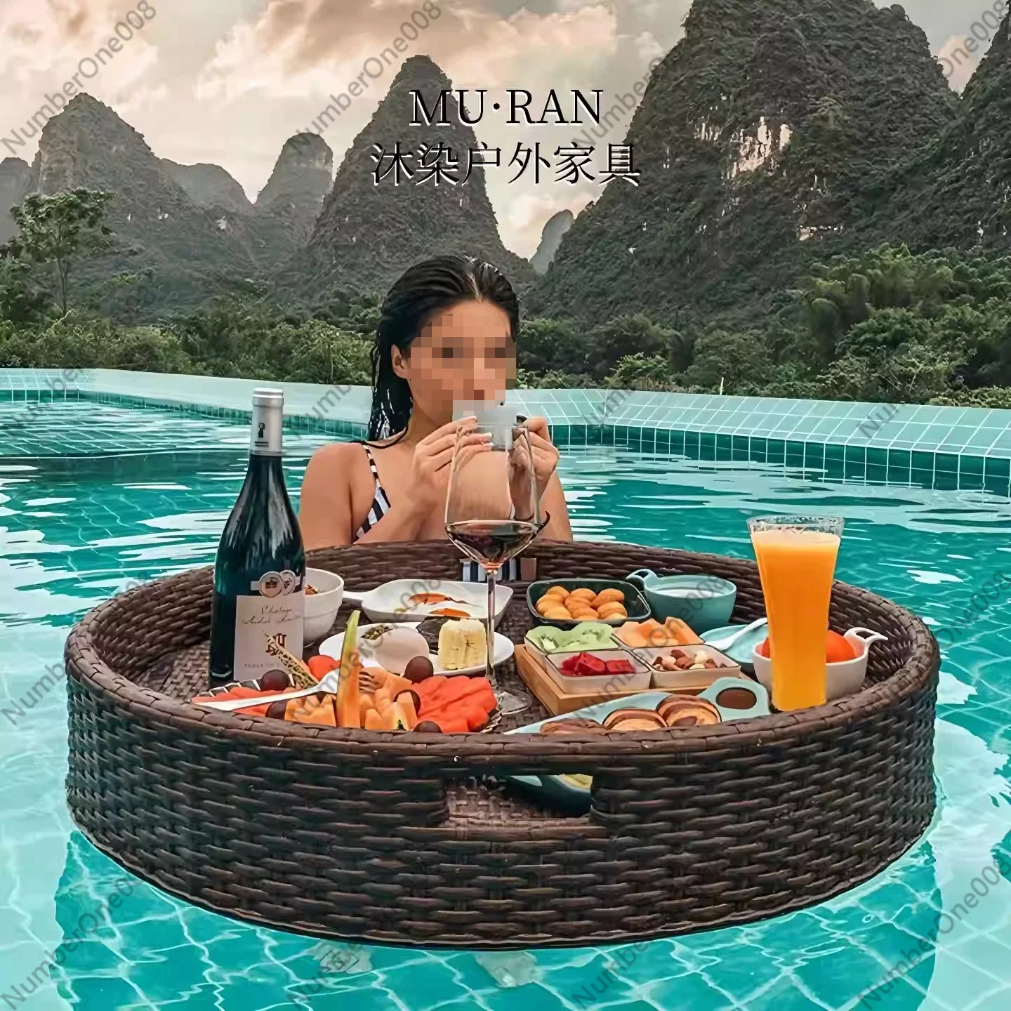Rattan Floating Tray Water Breakfast Basket B & B Hotel Villa Pool Afternoon Tea
