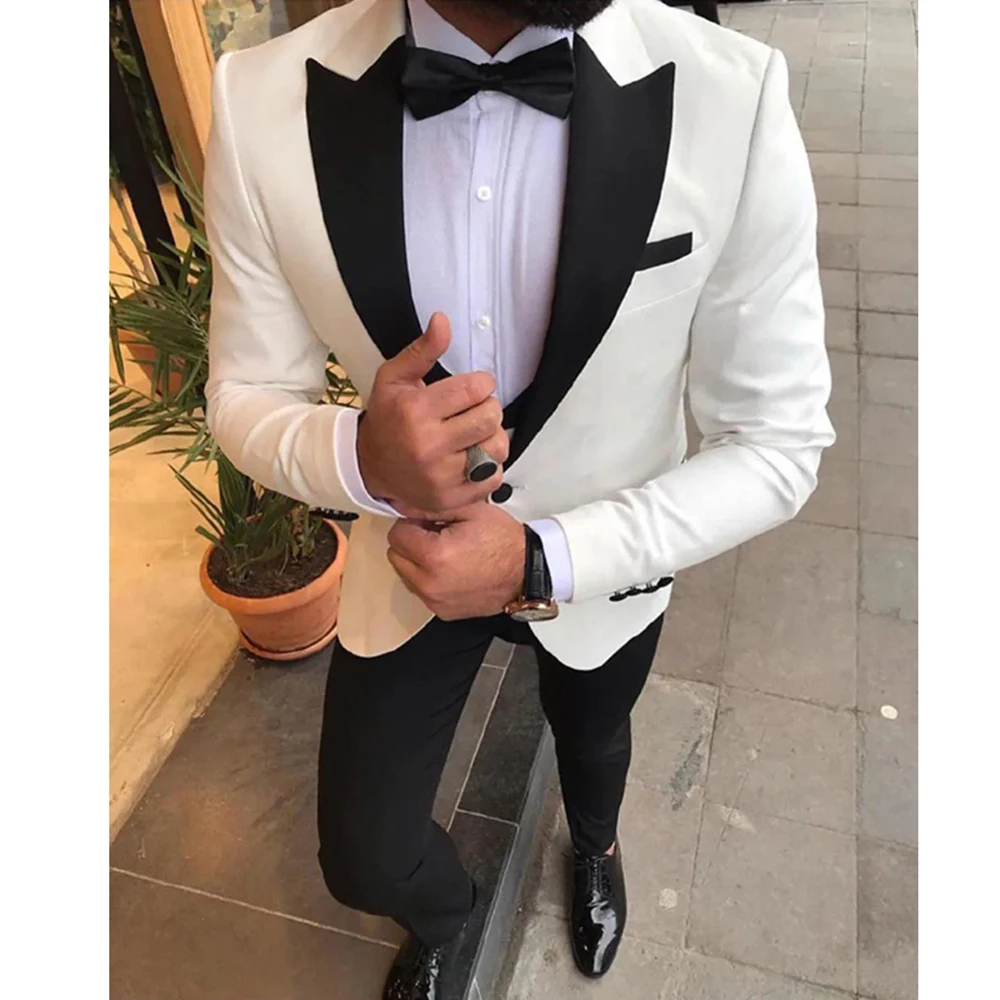 2023 Latest Designs White Men Suits Black Shawl Lapel Formal Tuxedos Wedding Blazer Sets Prom Party Two Pieces (Jacket+Pants)