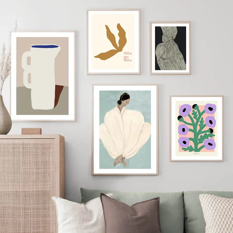 Pajama Girl Flower Geometry Posters Lines Abstract Wall Art Canvas Painting Nordic Prints Pictures For Living Room Bedroom Decor