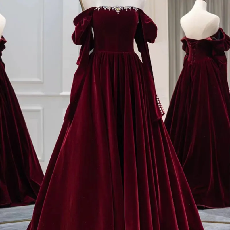 Wine red toasting dress new velvet long sleeve banquet