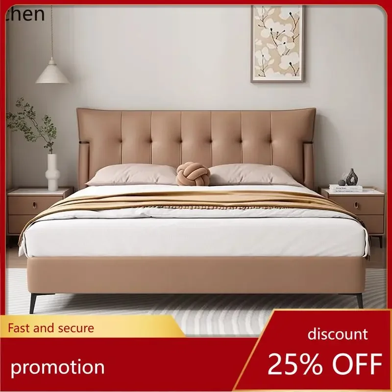 YFY Genuine Leather Bed Simple Master Bedroom Double Bed Waffle Soft Pack Wedding Bed