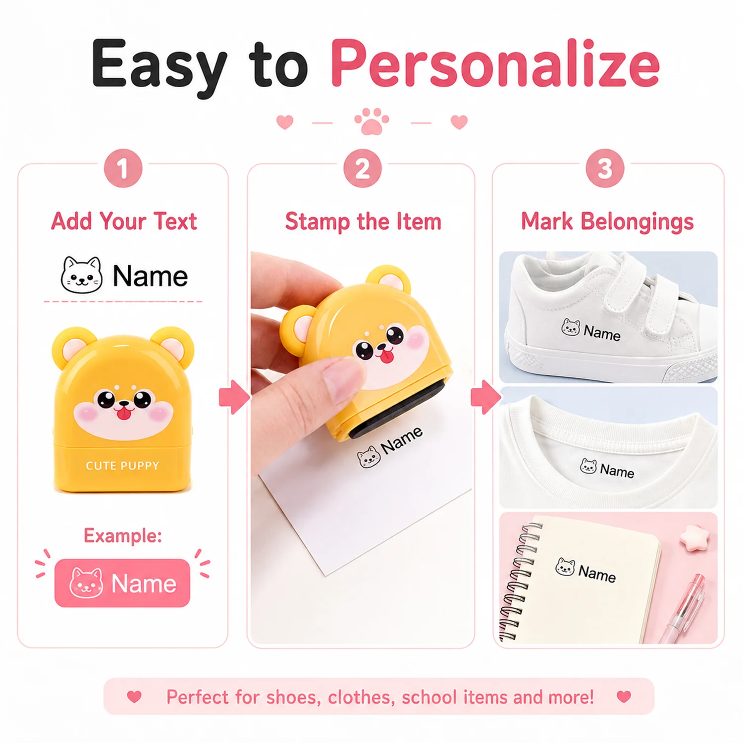 Personalized Cute Name Stamp Waterproof Clothing Label for Kids Self Ink Stamp for Kindergarten School Bags Custom Stamp