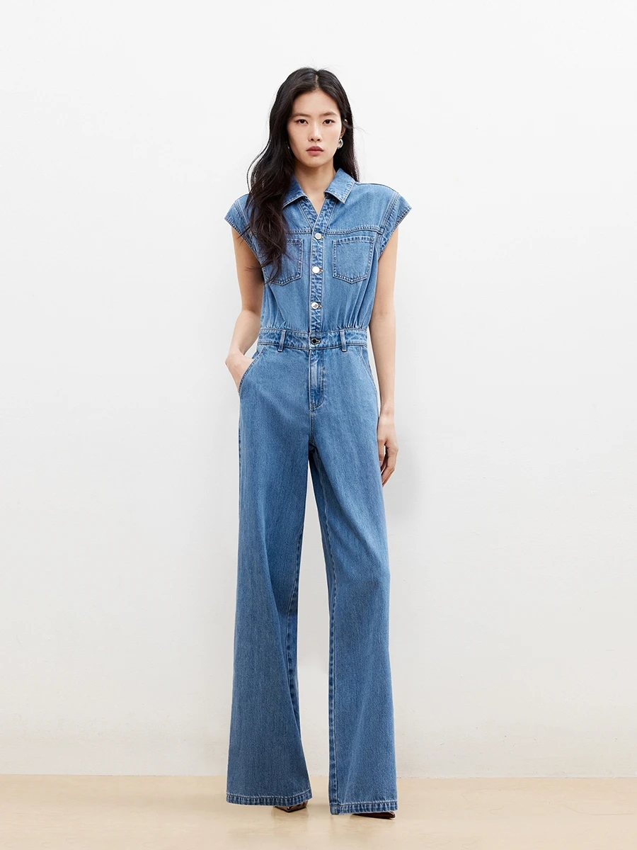 Spring New Women's Overall Jeans with Double Sided Pockets Cover Sleeve Strap  Casual Cotton Natural Waist Loose Fit
