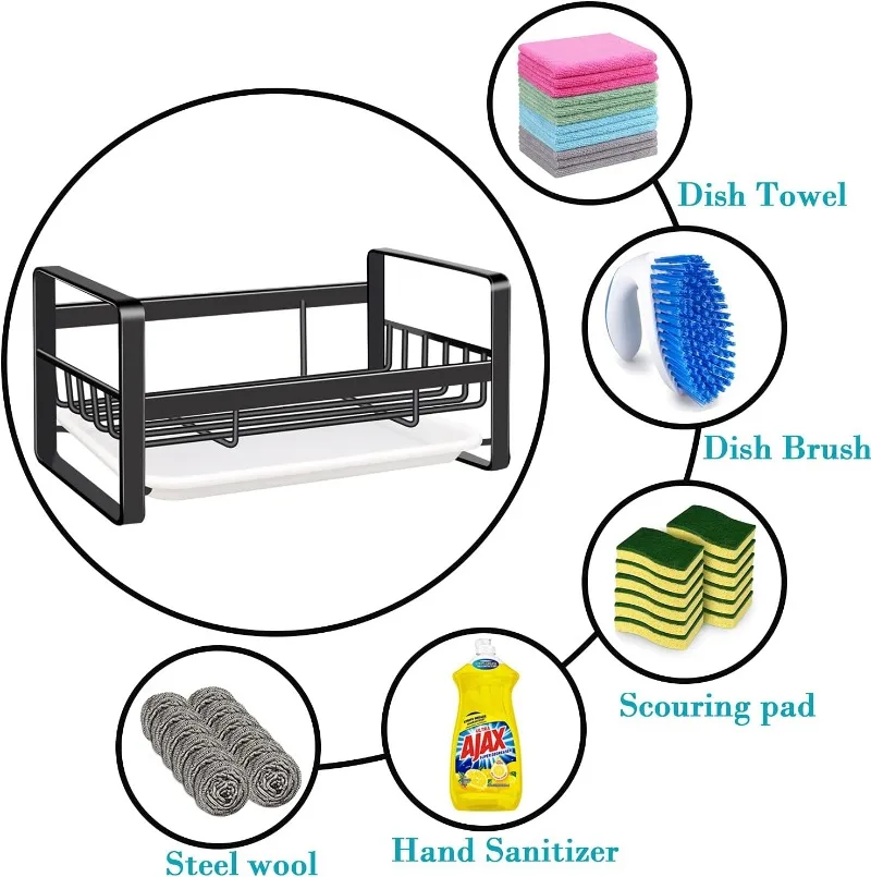 Kitchen Sink Caddy Organizer, Sponge Holder & Soap Dish, Countertop or Adhesive Mount, Drain Tray