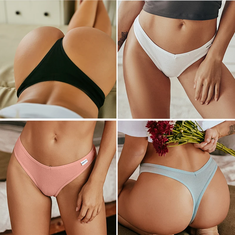 3PCS/Set Cotton thongs Women Panties FINETOO Seamless Low Waist Comfort Female Underwear Ribbed Bikini Pantys Girls Lingerie