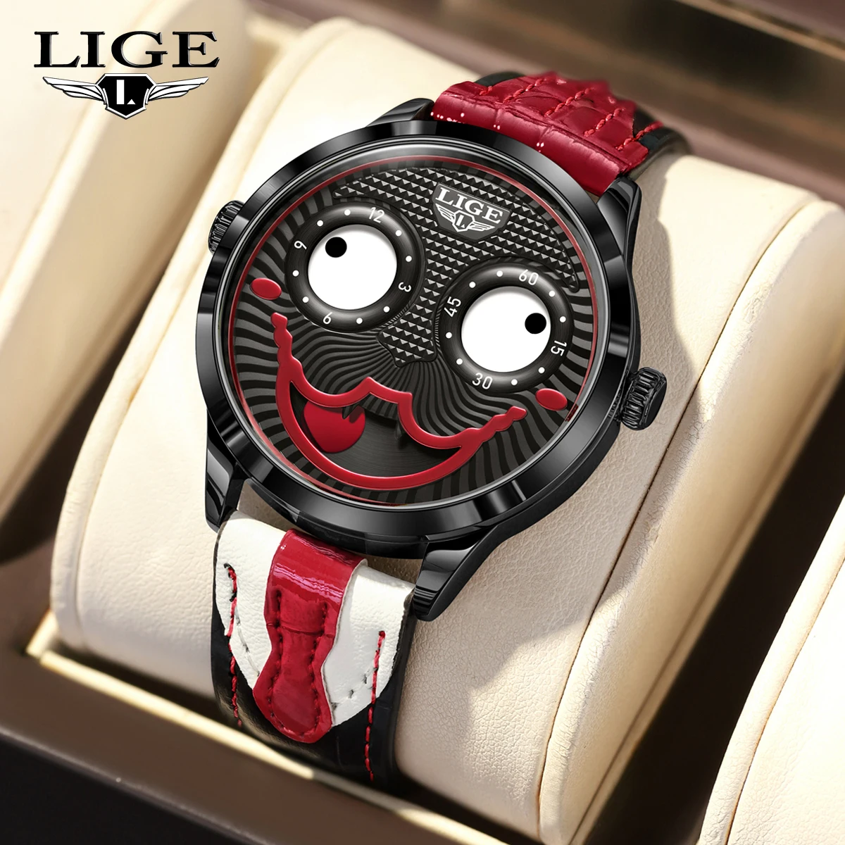 LIGE Creative Joker Men Watch Funny Tie Leather Strap Quartz Man Wristwatch Moon Phase Watch Men Personality Clown Face Clock
