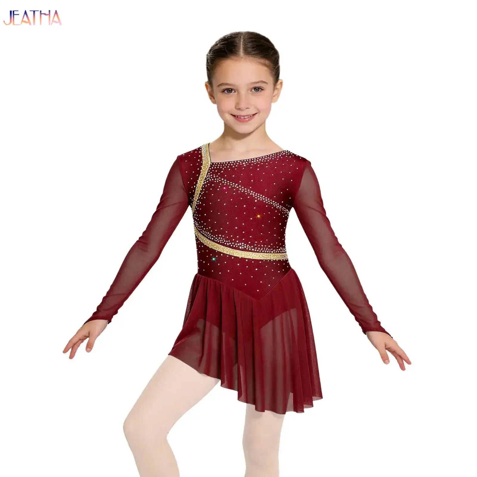 

Kids Girls Mesh Long Sleeves Lyrical Modern Dance Dress Rhinestones Asymmetric Ballet Gymnastics Figure Skating Leotard Dress