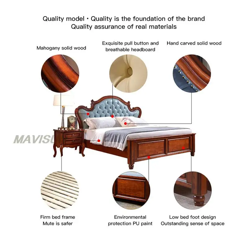 Small Apartment Classic Simple Double Bed Mahogany Solid Wood 1.8 Meters Bedroom Soft Back Bedside Table Set Leather Bed