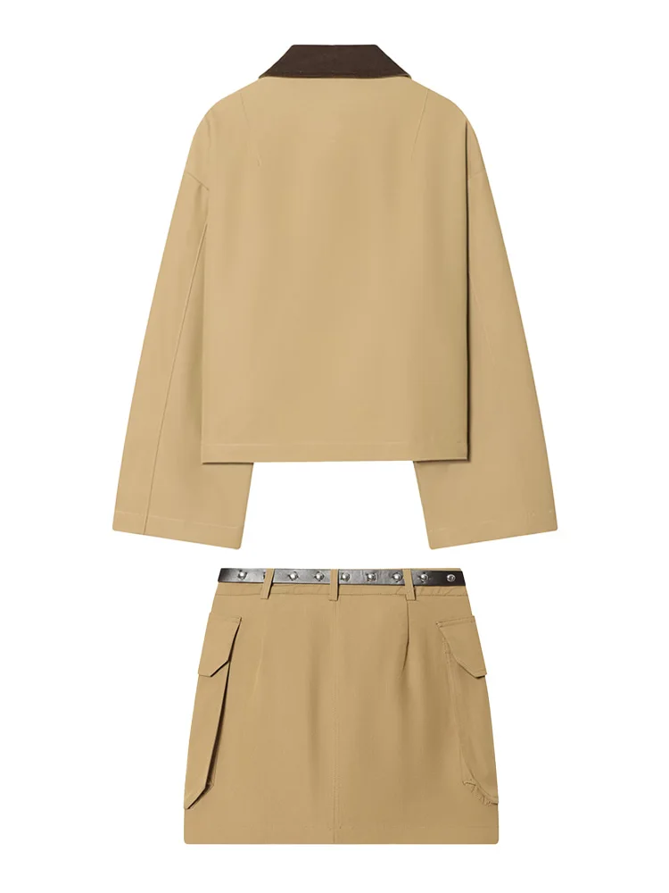 

HH Women's Fashion Retro Versatile Long Sleeves ​​Short Khaki Windbreaker+High Street Casual Belt Pocket Mini Skirt 2-Piece Set