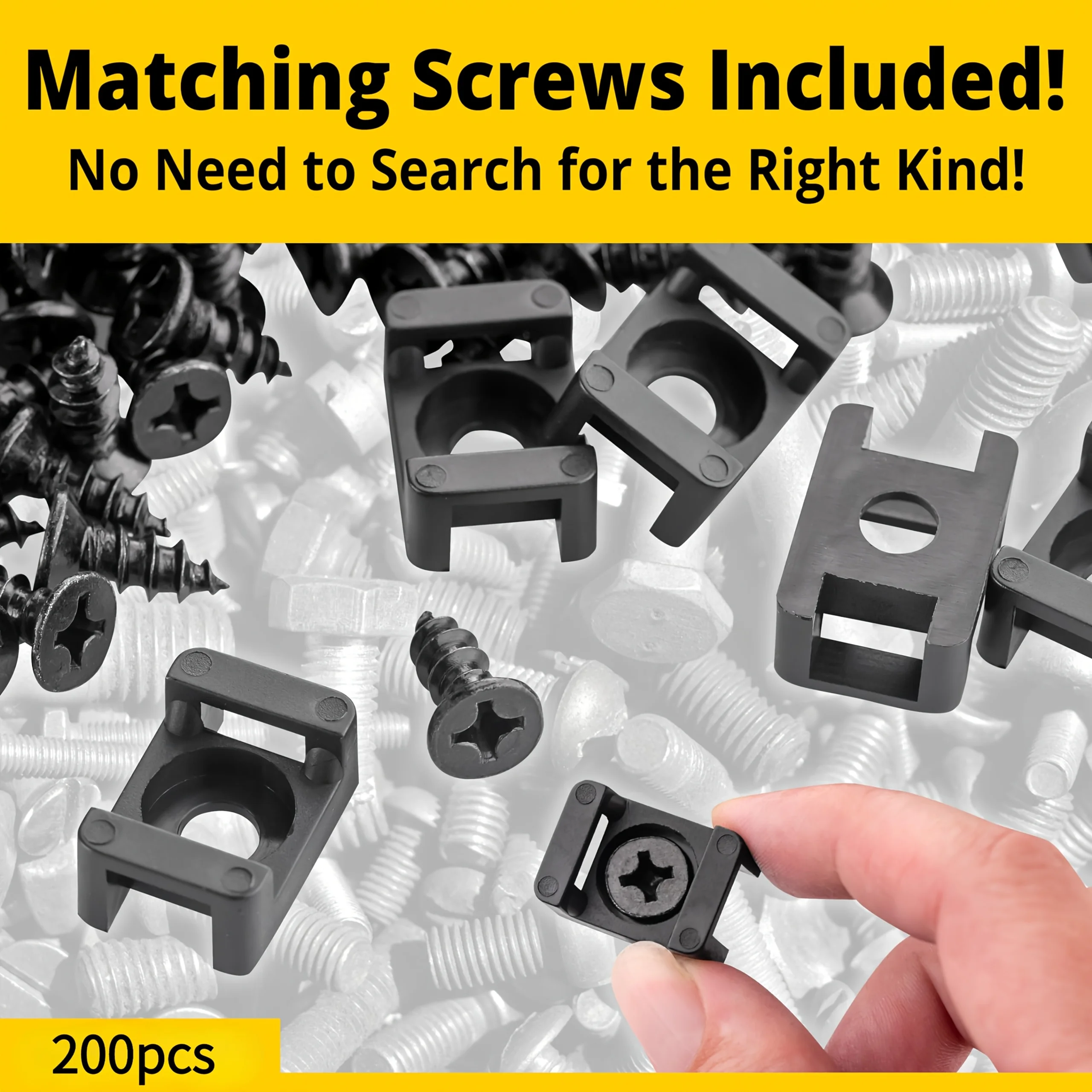 200-Pack Cable Tie Holders with Screws | Includes 100 Bases and 100 Screws, Permanent Adhesive for Walls, Desktops