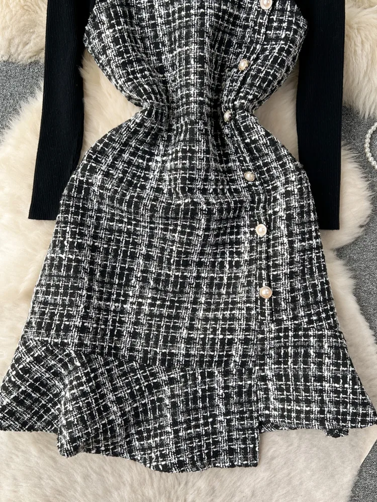 Autumn Korean Fashion Women\'s 2 Piece Sets Dress Suits White Stretch Sweater And Tweed Strap Mini Dresses Femme Outfits 2023