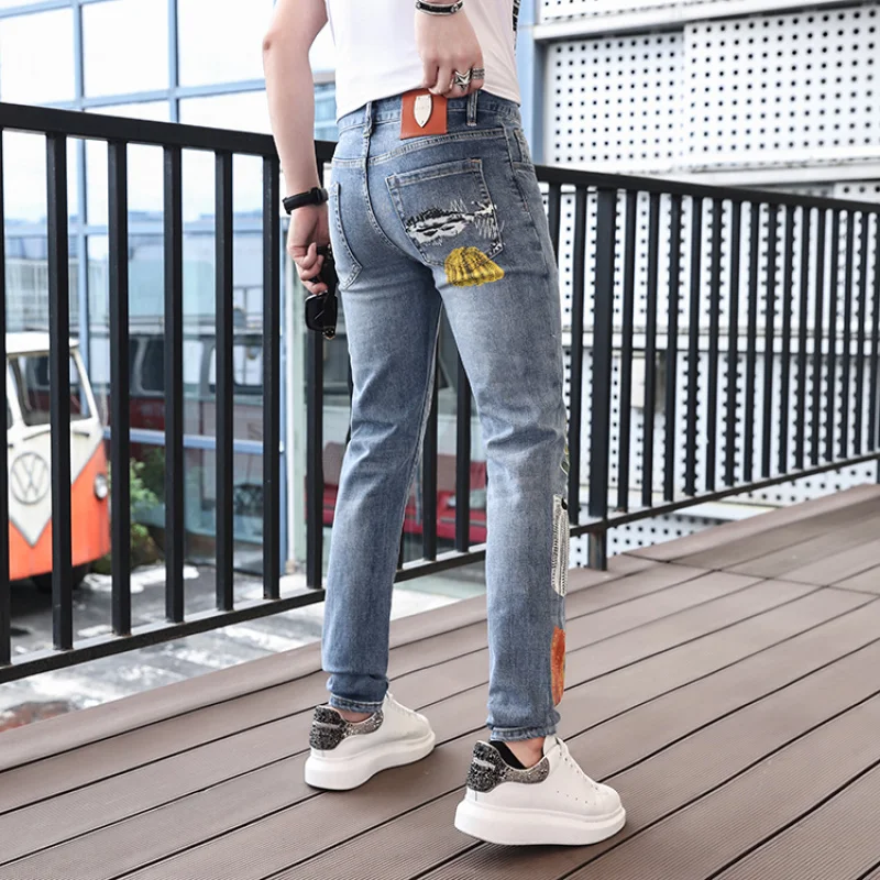 

2024Summer Thin Street Personalized Stylish Print Jeans Men's Casual Light Luxury Fashion Elastic Slim Fit Long Skinny Pants