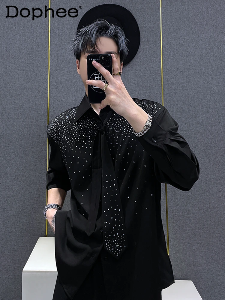 

Men's 2024 Loose Chic Handsome Shirts Men's High-End Ice Silk Rhinestone Starry Trendy Male Shirts Long Sleeve Solid Color Shirt