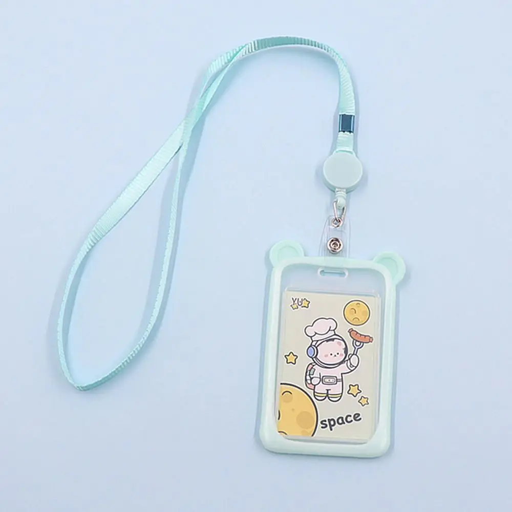 Cartoon Bear Card Holder Bank Identity Bus ID Card Sleeve Case with Retractable Reel Lanyard Plastic Silicone Credit Cover