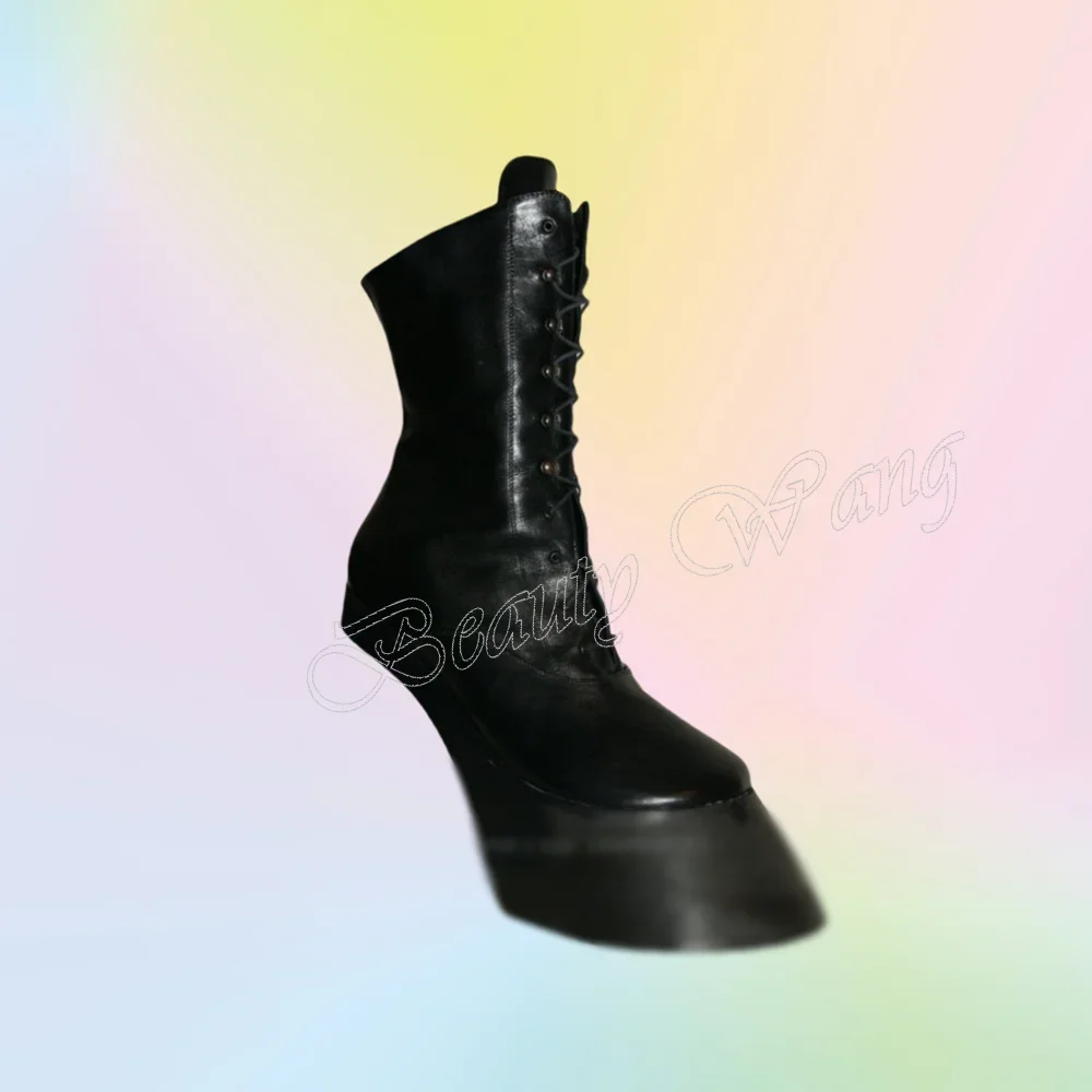 Strange Toe Paardenprof Laarzen Kruisgebonden Geen Hak Platform Vreemde Stijl Zwarte Hoge Hak Schoenen voor Vrouwen 2024 Zapatillas Mujer