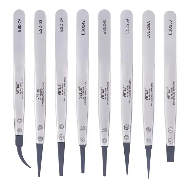新しい VETUS ピンセット ESD 交換可能なヘッドクリップ 帯電防止カーボンファイバー導電性プラスチックヘッド ステンレス鋼ボディピンセット
