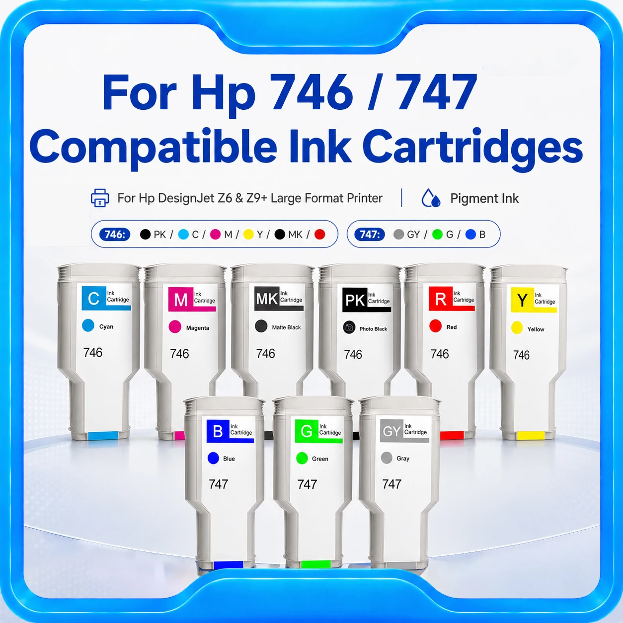 For HP 746 747 Compatible Ink Cartridges With 300ML Full Ink Chip For HP DesignJet Z6 Z9+ Printer 9Colors Plug and Play