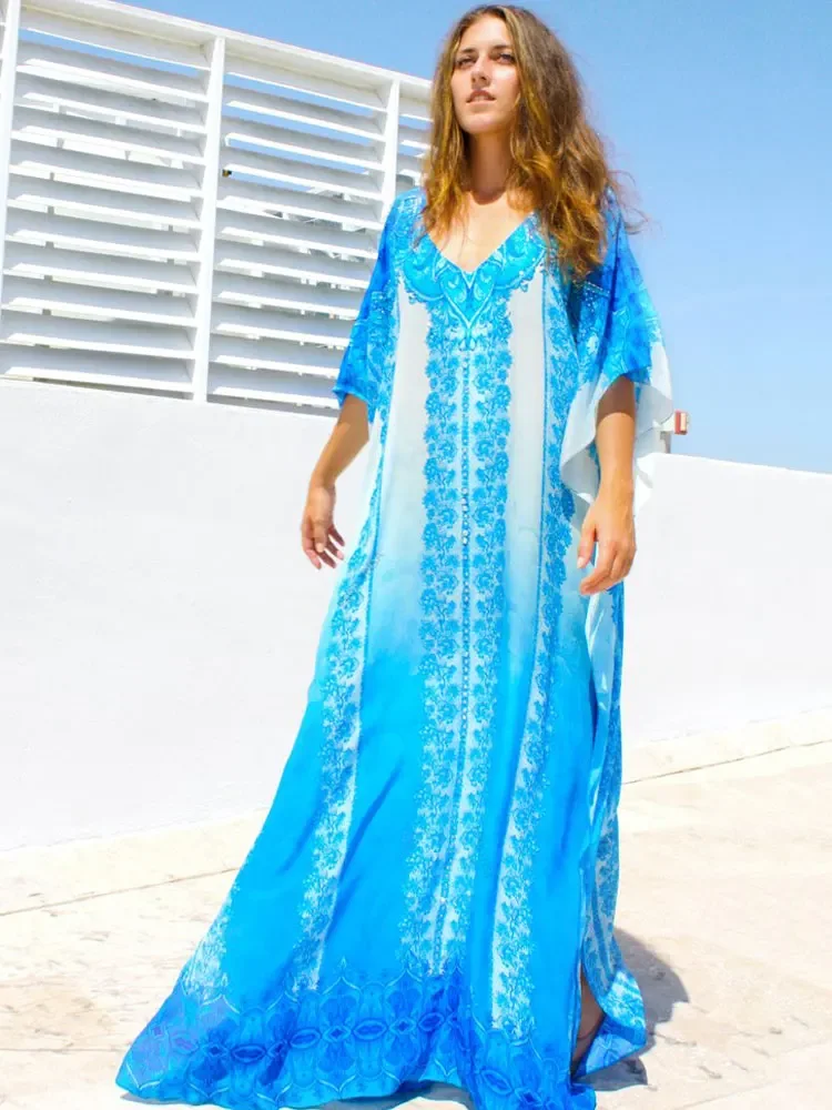 Blue Kaftan Causal Printed Sexy V Neck 2024 Summer Women Beach Wear Cotton Tunic Oversize Bat sleeve Maxi Dresses Q774