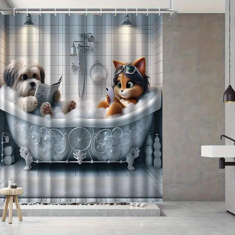Funny Cat Dog Shower Curtain, Cute Pet Bathing Print Waterproof Bathroom Decor, Cartoon Animal Home Bath Screen