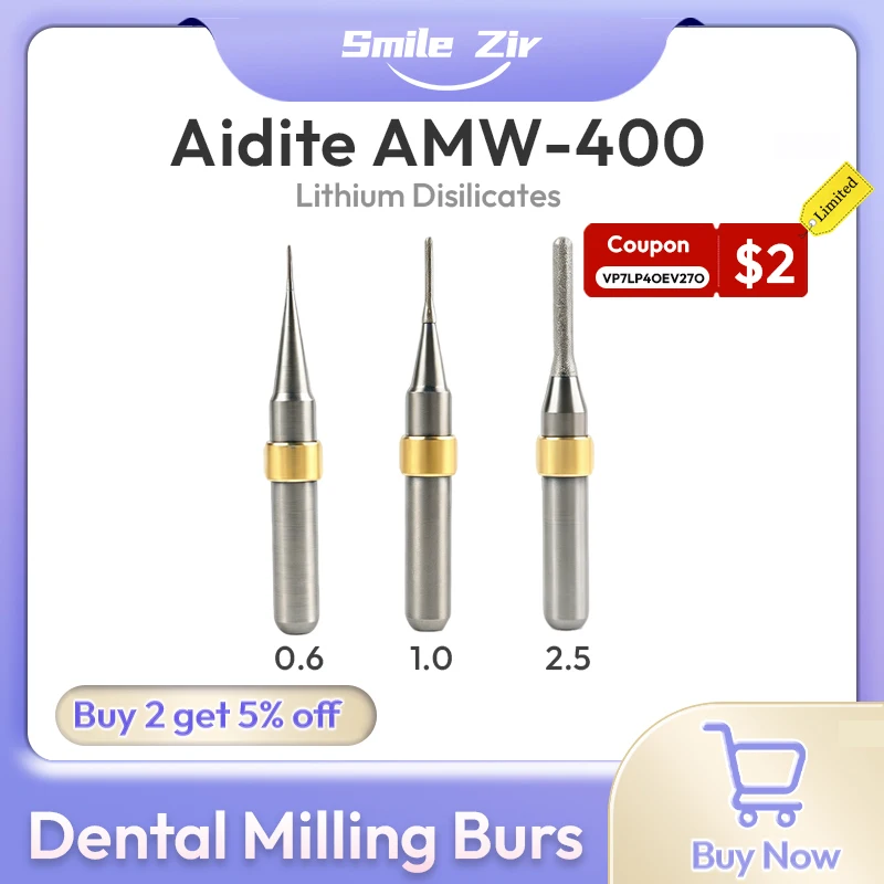 

Aidite AMW400 Dental Milling BursLithium Disilicate Glass Ceramic Cutters Shank 6mm for Dental Lab Grinding Tools Cutters