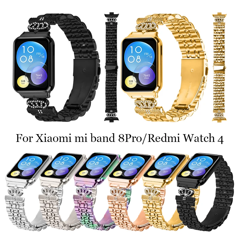 For Mi Band 8 Pro 9Pro Watchband Stainless Steel Crown Seven-Beads Diamond Bracelet Correa Strap For Xiaomi Redmi Watch 4 5