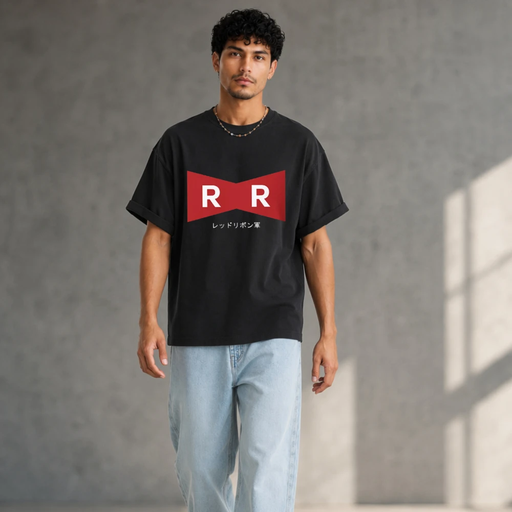 Men Double RR Red Bow Logo Japanese Katakana Print T Shirt Cotton Tee Minimalist Anime Aesthetic Streetwear Loose Casual Tee Top