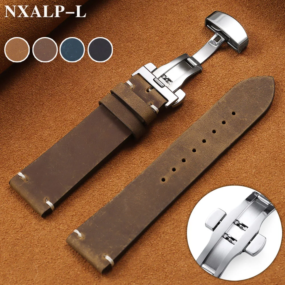 خمر النفط الشمع الجلود حزام (استيك) ساعة 18 مللي متر 20 مللي متر 21 22 مللي متر 24 مللي متر جلد البقر خياطة حزام ل Seiko ل أوميغا معصمه فراشة مشبك