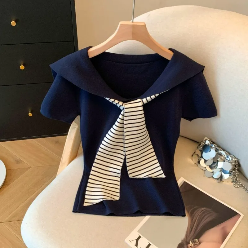 ストライプ柄ストリーマー半袖ニットセーター レディース 2025年夏新作 スリムフィット 無地 フェイクツーピース プルオーバートップス