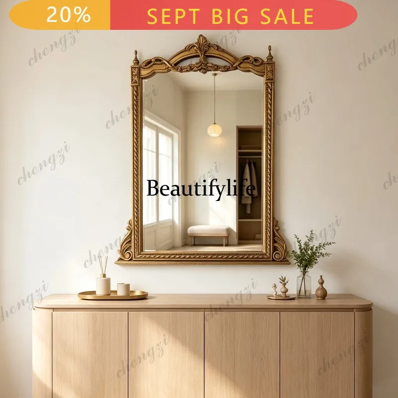 B32 American vintage bathroom mirror, wall-mounted irregular carved makeup mirror, European living room decorative mirror