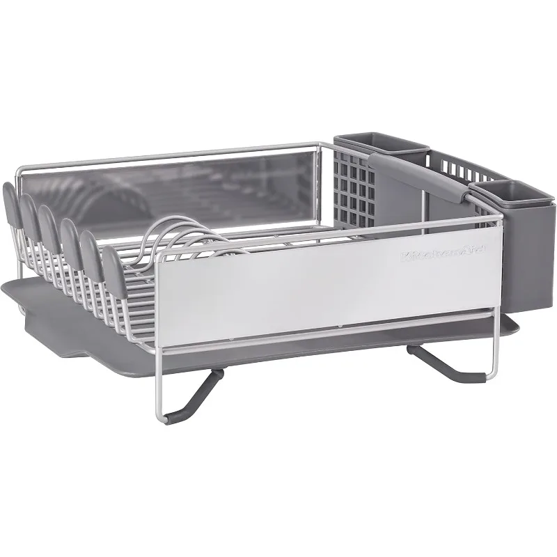 

Compact Space Saving, Dish Rack with Removable Flatware Caddy and Angled Self Draining Drainboard, Satin Gray