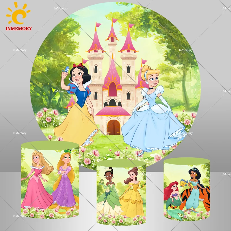 

Baby Princess Birthday Party Round Circle Backdrop Cover Forest Castle Background for Photography Baby Shower Cylinder Covers