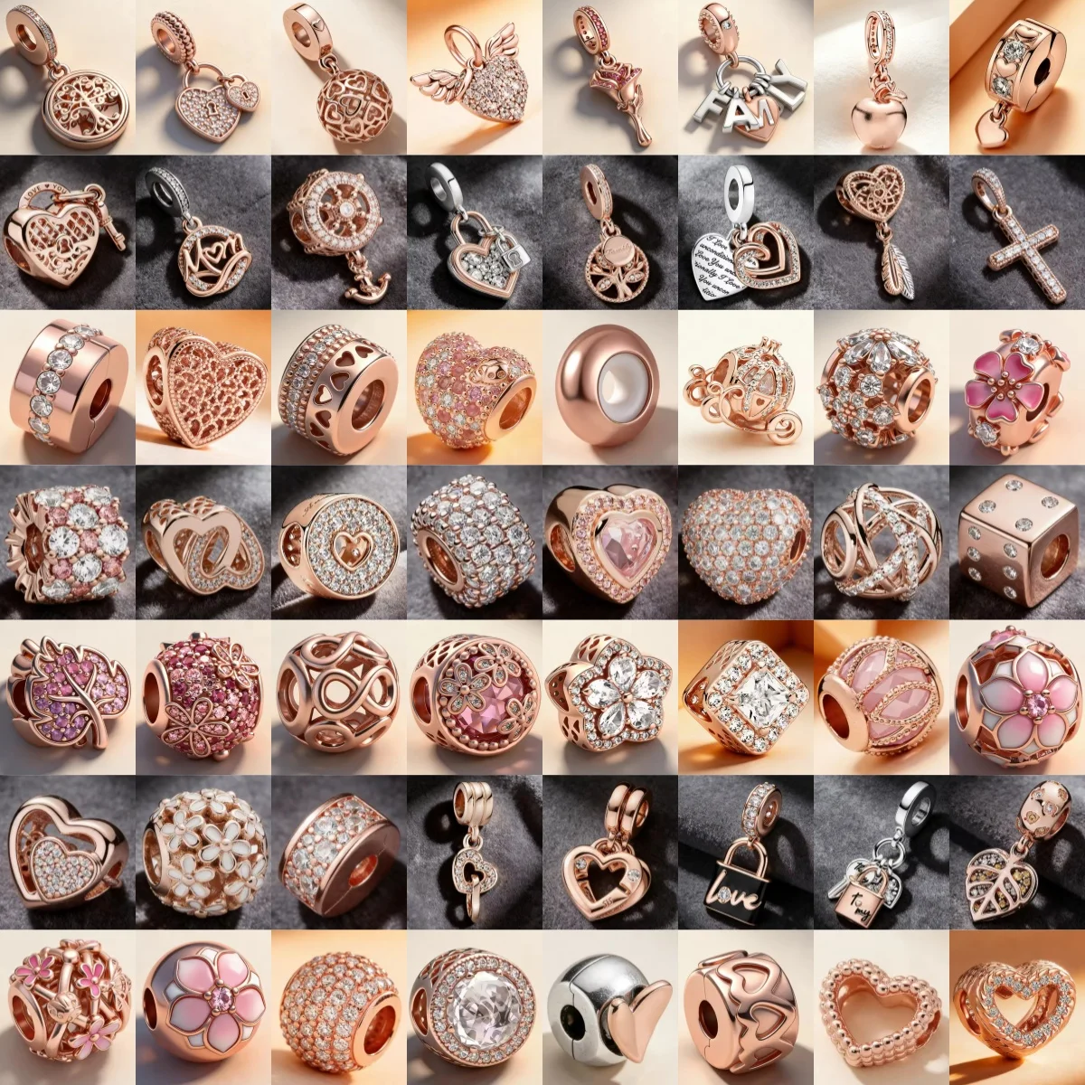 Classic Rose Gold 925 Silver Flower Leaf Lock With various Heart-shaped Charms Fit for Bracelets Women's DIY Boutique Jewelry