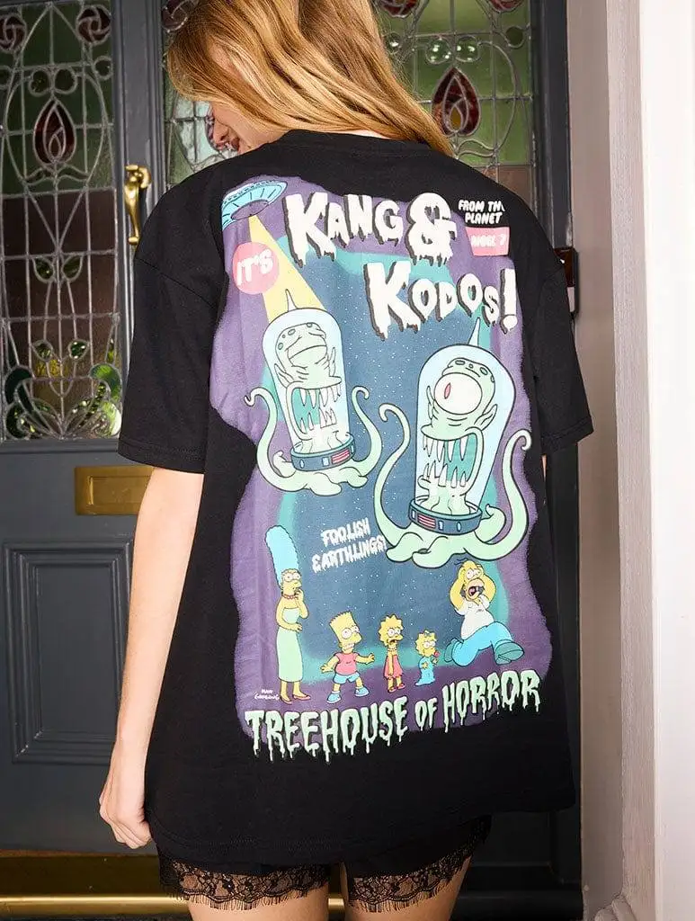 

Simpsons Treehouse of Horror T-shirt Women Black Cotton Kang Kodos Alien Print Loose Fit Casual Graphic Tee Halloween Theme