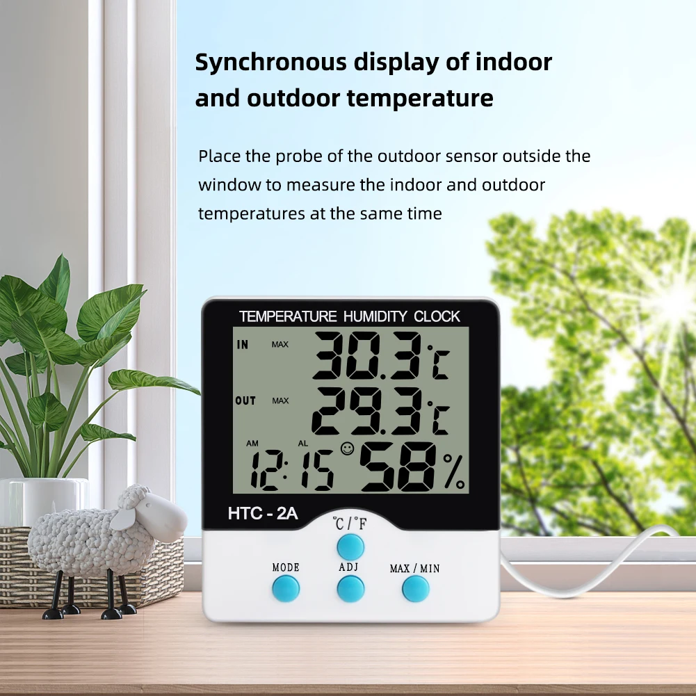 HTC-2A Digital Temperature Humidity Meter Alarm Clock Indoor Outdoor Thermometer Hygrometer Max Min Records for Greenhouse Room