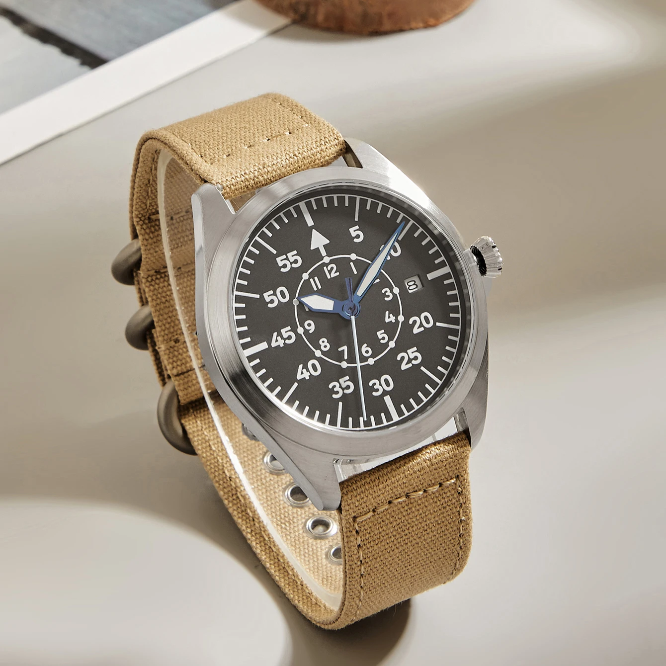 Canvas Khaki Mechanical Watch Flieger Aviator Pilot Steel Wristwatch Arrow WWII German WW2 Automatic Movement Japan Sapphire