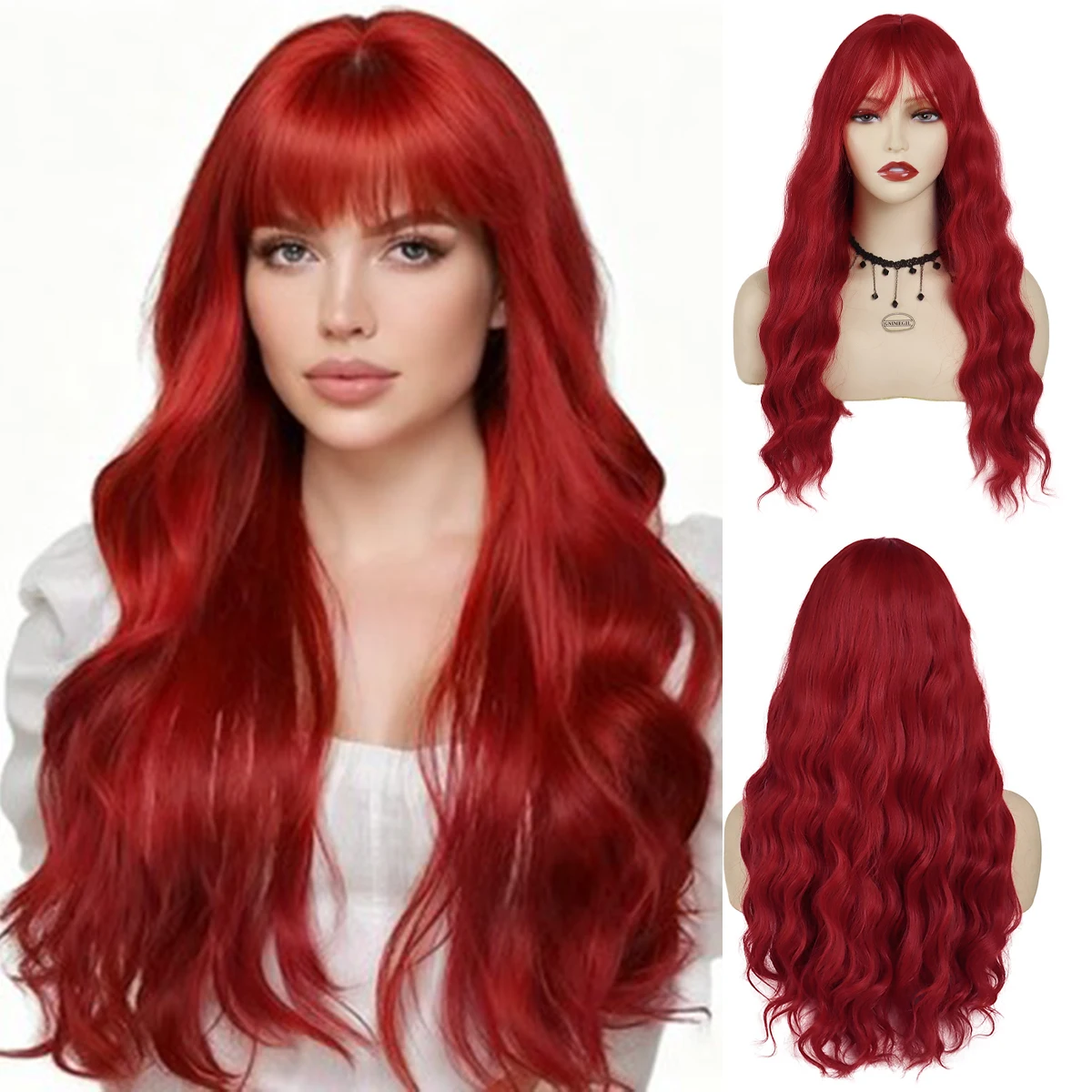 

Парик красного цвета на Хэллоуин с челкой, синтетические длинные вьющиеся волнистые парики для женщин, естественный вид, карнавальный костюм для вечеринки, термостойкий
