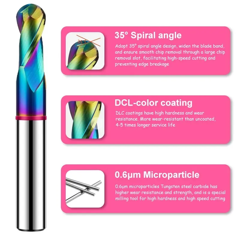 GAMONT TGP-HRC60 2-Flute Color Circle DLC-Coating Tungsten Steel Carbide Aluminum Ball End Endmills CNC Machining Milling Cutter