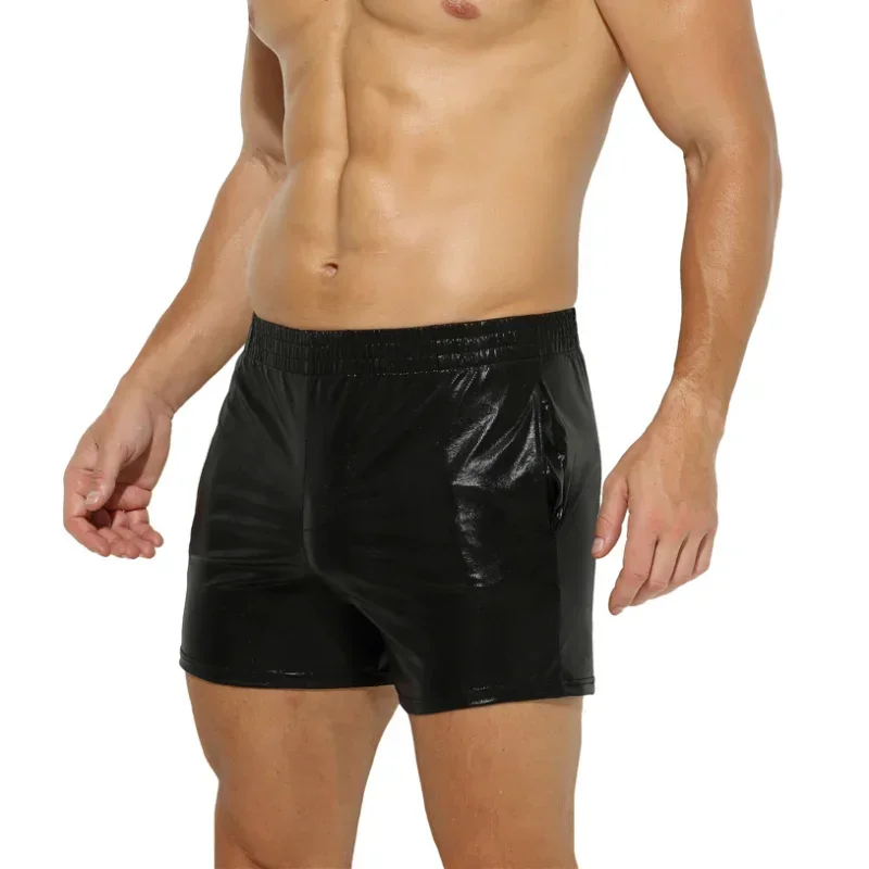 Men's Metallic Shiny Faux Leather Boxer Shorts with Pockets Sexy Low Waist Casual Breathable Short Pants Stage Dance Clubwear