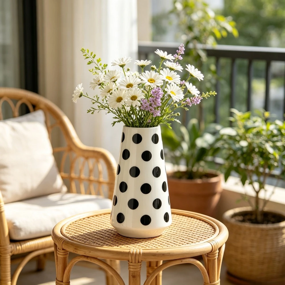 White Ceramic Vase with Black Red Yellow Polka Dots Creative Floral Container for Fresh Dried Flowers Home Table Decoration