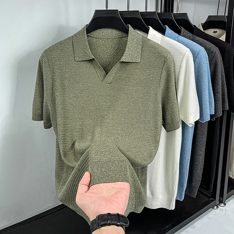100% Lyocell Knitting Tops 2026 Summer Classic Turn Down Collar Knit Polos Short Sleeve Breathable Knitwear Pullover Shirt