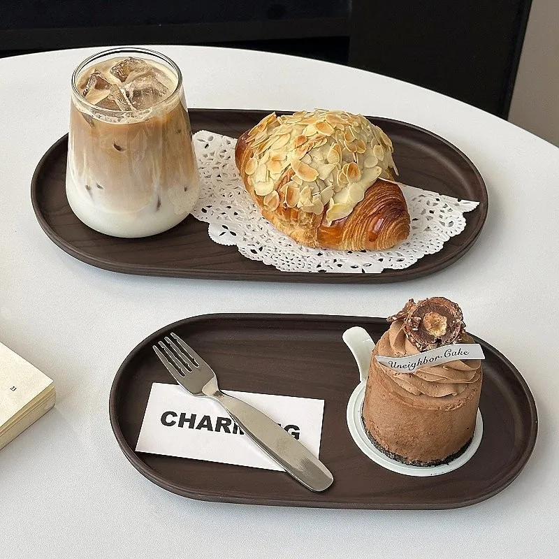 Oval Walnut Wood Serving Tray, Ins Style Tea Water Cup Holder for Home, Coffee Shop Cake Dessert Plate