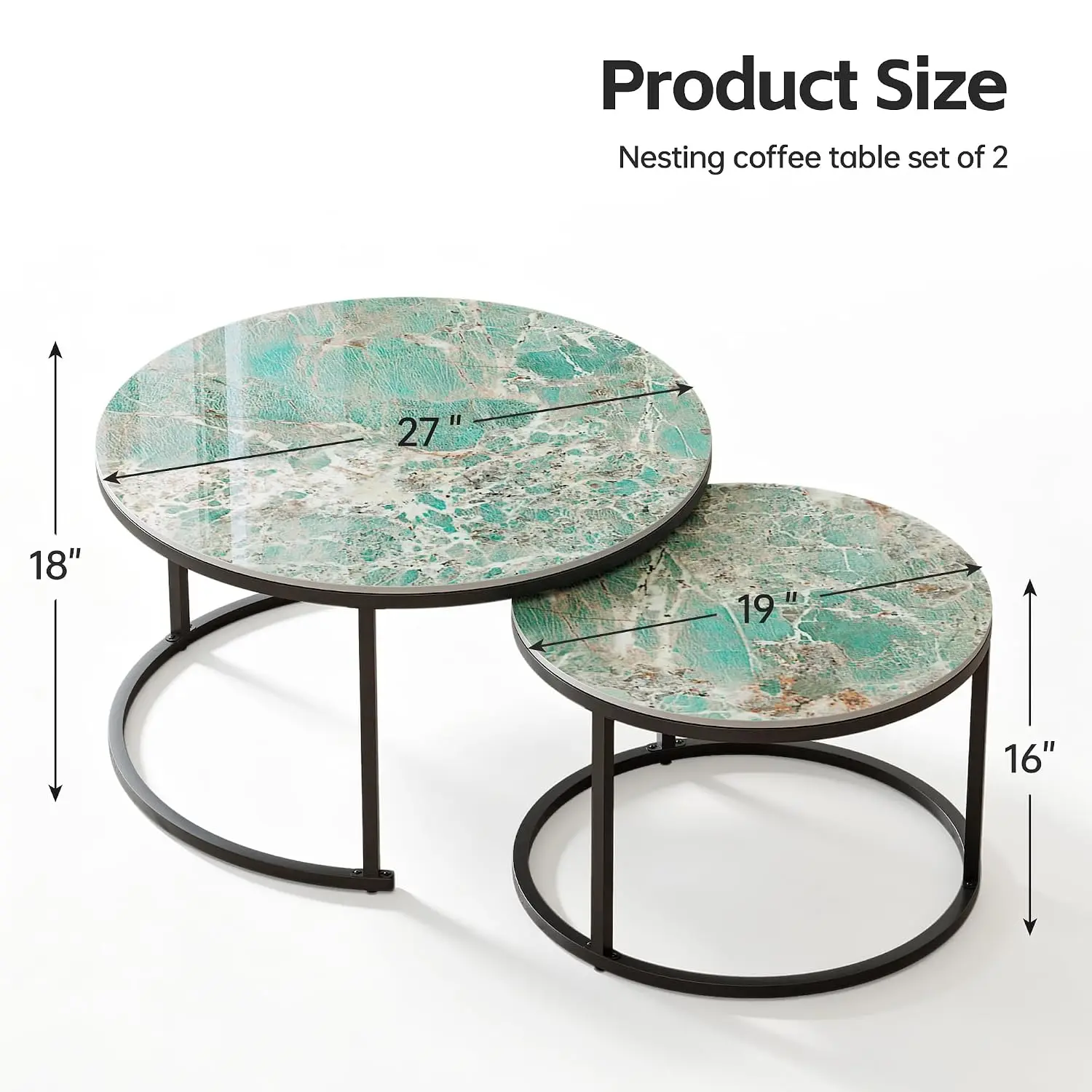 Round Nesting Coffee Table Set of 2, Green Modern Sintered Stone Center Table for Living Room with Metal Frame, Customized
