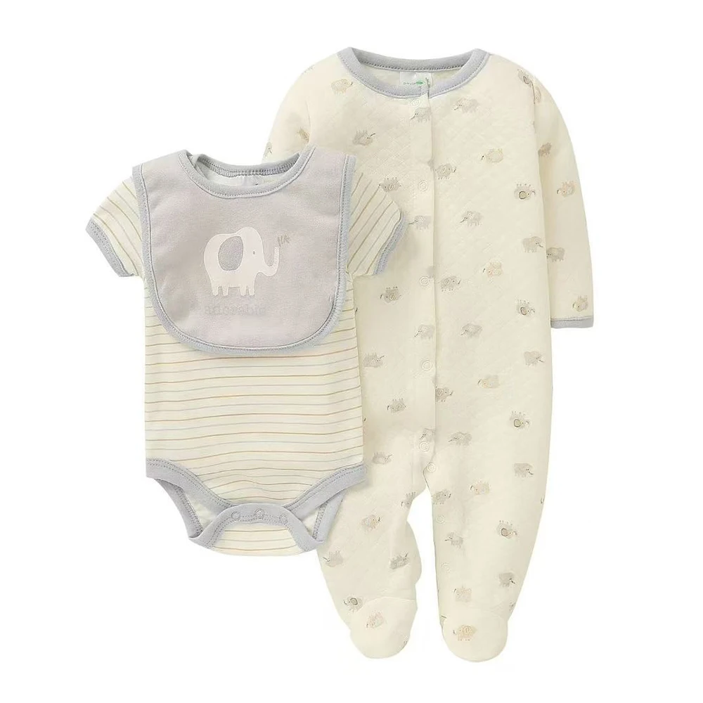 Ircomll 3pcs Spring Baby Girls Clothes Set Cotton Cartoon Bib+Footed Romper+Short Bodysuit Infant Boy Outfit Toddler Suit 0-9M
