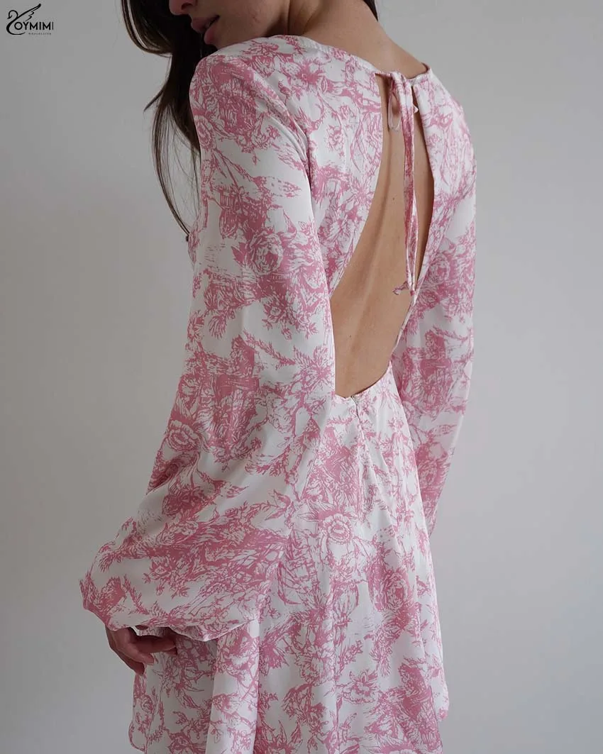 Sukienki damskie Oymimi Casual z różowym nadrukiem, modne sukienki z dekoltem typu O, długim rękawem, sznurowane, eleganckie sukienki mini z odkrytymi plecami, luźne, streetwear