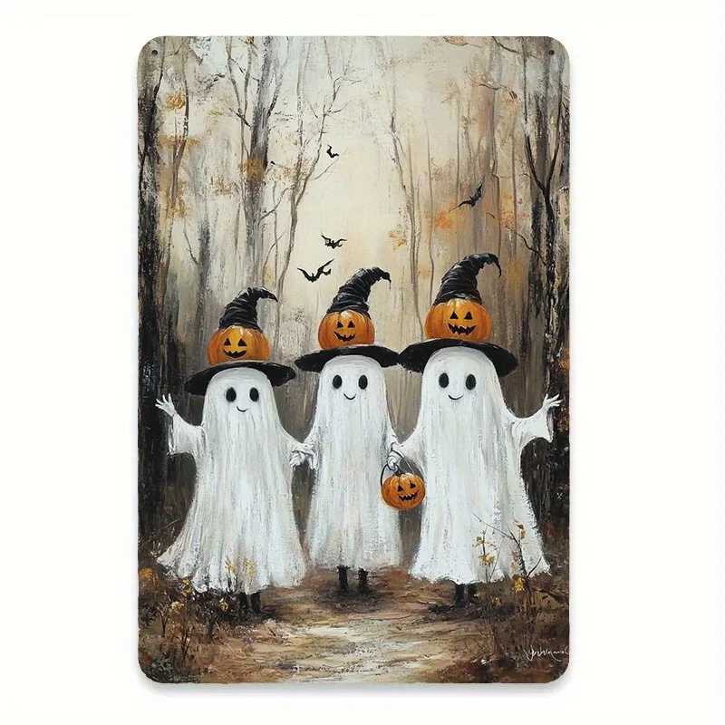 Halloween Tin Painting -  Print Spooky Ghosts in Haunted Forest with Jack-O'-Lanterns & Bats, Durable Metal Wall Art for Bathro